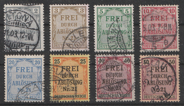 Michel Nr. 1 - 8, 1. Januar 1903 Zähldienstmarken für Preußen gestempelt.